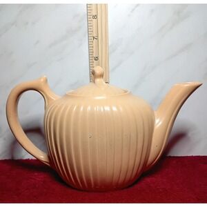 Vintage Peach Ribbed Ceramic Teapot with Lid Fluted Mid Century Style Apricot